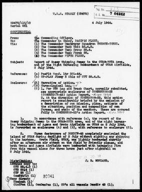 USS STANLY - Report of Enemy shipping sweep in The Guam-Rota Area & Night Harassing, Bombardment of Guam Airfields, Marianas-7/2/44
