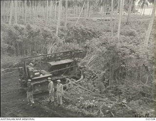 AITAPE, NORTH EAST NEW GUINEA. C. 1944-06. RAAF AIRMEN USING A BULLDOZER TO CLEAR AWAY THE SCRUB AND OVERBURDEN TO PREPARE FOR A CORAL QUARRY. THE CORAL WAS THEN USED AS FOUNDATION FOR AN AIRSTRIP ..