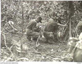 DANMAP RIVER AREA, NEW GUINEA. 1945-01-02. OFFICERS OF THE 2/11TH INFANTRY BATTALION ISSUING ORDERS AND RECEIVING REPORTS AT THEIR OPEN AIR BATTLE HEADQUARTERS DURING THE ATTACK ON JAPANESE ..