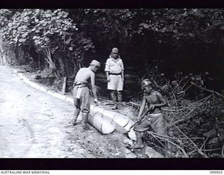 RABAUL, NEW BRITAIN, 1946-03-22. JAPANESE LABOURERS, UNDER THE SUPERVISION OF 51 FIELD PARK COMPANY, ROYAL AUSTRALIAN ENGINEERS, INSTALLING A DRAIN ON THE SIDE OF THE ROAD BEING BUILT BY THE UNIT. ..
