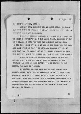 JAPANESE SURRENDER DOCUMENTS - Documents relating to the unconditional surrender of Japanese-held Pacific Islands following the cessation of World War II: Bonin Islands; Palau Islands, Carolina Islands; Ponape Islands; Pagan Island, Marianas Islands; Rota Island, Marianas Islands; Aguijan Island, Marianas Islands; Wake Atoll; Yap Islands; Marcus Island; Kusaie Island; Sonsorol, Fana, Merir, and Tobi Islands, Caroline Islands; Truk Atoll, Caroline Islands, 8/31/45 to 10/6/45