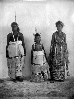 Three unidentified Samoan girls wearing traditional Samoan clothing