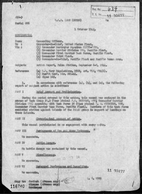 USS Laws - Rep of ops during carrier air strikes on the Palau Is, 9/6-8/44