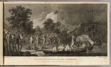 The landing at Tanna, one of the New Hebrides. Painted by W. Hodges. Engraved by J.K. Sherwin. No. LIX. Published Feby. 1st, 1777 by Wm. Strahan, New Street, Shoe Lane & Thos. Cadell, in the Strand, London.