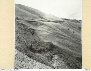 WAU - LAE ROAD, NEW GUINEA, 1944-03-10. ENTERING THE MARKHAM VALLEY, ABOUT 78.5 MILES FROM WAU. FOR TWO TO THREE MILES UNTIL THE ROAD ENTERS JUNGLE THE VIEW IS REMARKABLE, WITH VISIBILITY EXTENDING ..