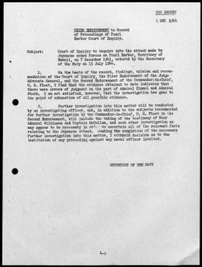 Kimmel, Husband E., Reports: Navy Court of Inquiry, Pearl Harbor Report, August 29, 1945