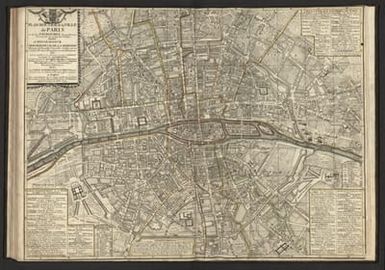 Plan Routier de la Ville de Paris et de ses Faubourgs Nouvellement. Dressé pour la commodité Publique. Dedié a Monseigneur de la Moignon Marquis de Basville Conseiller du Roy en son Conseil d'Estat et President en son Parlement par son tres humble et tres obeissant serviteur J. B. Nolin Geographe de S. A. R. Monsieur. Contenent toutes les Ruës, Eglises, Monasteres, Comunautés, Hotels et Demeures de Mrs. les Ministres, et Magistrats, Places, Marchés, Cours, et Promenades, Bureaux, et Barrieres. Avec une Table Alphabetique, et des Renuois pour Trouver tous les Lieux ou l'on aura affaire aisement. A Paris, Chez J. B. Nolin, sur le Quay de l’Horloge du Palais Vers le Pont Neuf a l'enseigne de la Place des Victoires. Avec Privilege du Roy. 1698.