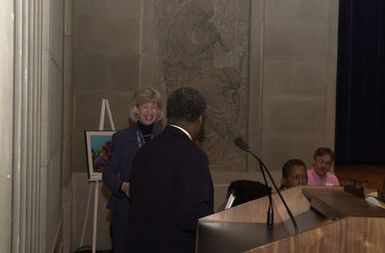 Assistant Secretary for Fish and Wildlilfe and Parks, Craig Manson, at the podium, with Secretary Gale Norton behind, at meeting of the U.S. Coral Reef Task Force in Washington, D.C. Manson and Norton were among officials from 12 federal agencies, 7 states and territories, and the Marshall Islands, Micronesia, and Palau, discussing projects to improve conservation and management of coral reefs