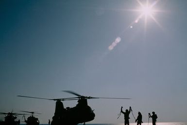 A silhouetted view of flight deck crewmen signalling to a Marine CH-46 Sea Knight helicopter, aboard the amphibious assault ship USS GUAM (LPH 9) during operations off the coast of Beirut, Lebanon