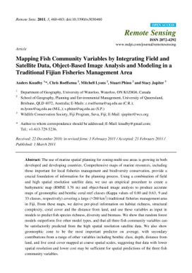 Mapping fish community variables by integrating field and satellite data, object-based image analysis and modeling in a traditional Fijian fisheries management area.