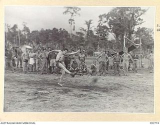 SORAKEN, BOUGAINVILLE. 1945-06-03. SIGNALMAN V.L.J. HEEPS, 11 INFANTRY BRIGADE SIGNAL SECTION, WINNER OF KICKING THE FOOTBALL EVENT AT HEADQUARTERS 11 INFANTRY BRIGADE