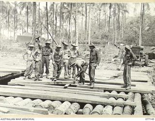 JACQUINOT BAY, NEW BRITAIN. 1944-11-20. PERSONNEL OF THE 9TH FIELD COMPANY BUILDING A BRIDGE IN THE PALMALMAL PLANTATION. IDENTIFIED PERSONNEL ARE:- NX90185 SAPPER G.H. STARK (1); NX94572 CORPORAL ..