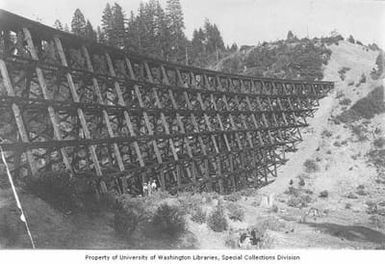 Railroad trestle for the Southern Pacific Railway with three women standing at the bottom, Colestine, Oregon, between 1895 and 1905