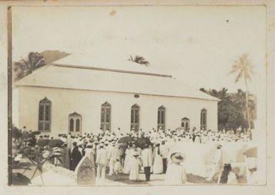 Ngatangiia Church exterior with large congregation. From the album: Cook Islands