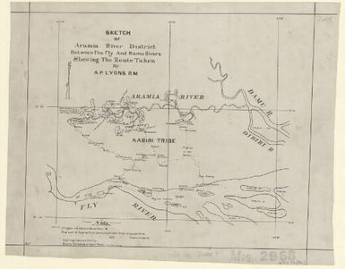 Sketch of Aramia River District between the Fly and Bamu rivers, shewing the route taken by A.P. Lyons, R.M