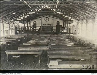 TOROKINA, BOUGAINVILLE ISLAND, SOLOMON ISLANDS. 1945-08-16. INTERIOR OF THE CHURCH OF ENGLAND CHAPEL, WHERE A THANKSGIVING SERVICE FOR VICTORY WAS HELD FOR RAAF PERSONNEL THE DAY AFTER VP DAY. THIS ..