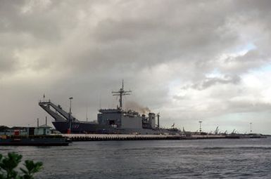 A port quarter view of the tank landing ship USS SCHENECTEDY (LST 1185) tied up at the Naval Supply Center