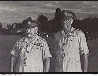 TOROKINA, BOUGAINVILLE. 1945-10-29. GENERAL SIR THOMAS A. BLAMEY, COMMANDER IN CHIEF, AUSTRALIAN MILITARY FORCES, WITH MAJOR GENERAL W. BRIDGEFORD, GENERAL OFFICER COMMANDING, 3RD DIVISION, ON HIS ..