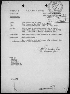 USS Mcnair - Rep of ops in support of the invasion of the Palau Is & Ulithi Atoll, Carolines 9/15-25/44