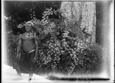 Polian standing beside an orchid, Government House, Rabaul, New Guinea, ca. 1929, 2 / Sarah Chinnery