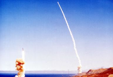 A Minuteman III intercontinental ballistic missile (ICBM) is test fired from Vandenberg Air Force Base, California, to Kwajalein Atoll, Marshall Islands, during exercise Global Shield