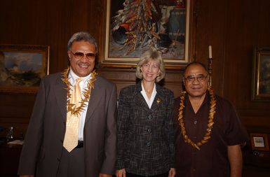 Secretary Gale Norton, center, with members of visiting political delegation from American Samoa, at Department of Interior headquarters. Photograph was selected for use in preparation of Department of Interior video on the Norton tenure