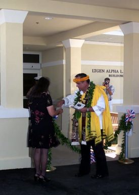 Built on ground that is considered sacred to the local Hawaiian cultures the newly renovated LEGEN Alpha L. Bowser building at Marine Corps Base Hawaii (MCBH) receives a spiritual blessing during the Dedication Ceremony. The temporary lodging facility, known as "The Lodge at Kaneohe" was recently renovated and dedicated in honor of Retired LGEN Bowser
