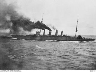 The light cruiser HMAS Sydney steams towards Rabaul.   The Australian Naval & Military Expeditionary Force (AN&MEF), which included HMAS Sydney, HMAS Australia, HMAS Encounter, HMAS Warrego, HMAS ..