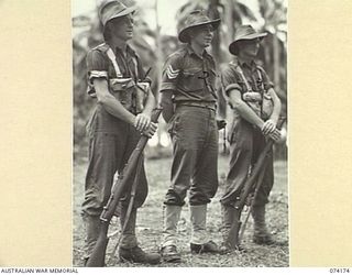 SIAR, NEW GUINEA. 1944-06-22. SERGEANTS OF C COMPANY, 57/60TH INFANTRY BATTALION. THEY ARE:- VX108673 SERGEANT D.H. CLINTON (1); VX122339 SERGEANT L.S. DICK, MM, (2); VX147344 SERGEANT H.E. TURNER ..