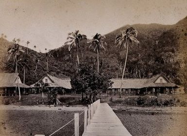 ["Levuka, Fiji: the Government House: a long building with a thatched roof. Photograph, ca. 1880."]