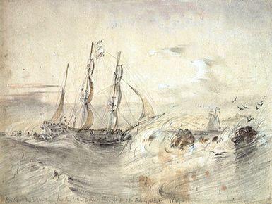 HMS Rattlesnake running through the coral barrier on the Louisiade Archipelago, 1849