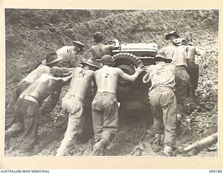BOUGAINVILLE, SOLOMON ISLANDS. 1944-12-08. SAPPERS FROM THE 5 AND 11 FIELD COMPANY, ROYAL AUSTRALIAN ENGINEERS, ASSISTING A BOGGED JEEP. IDENTIFIED PERSONNEL ARE:- SAPPER W.J. COLE, (1); CORPORAL ..