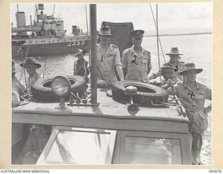 MOTUPENA POINT, BOUGAINVILLE, 1945-07-04. HIS ROYAL HIGHNESS, THE DUKE OF GLOUCESTER, GOVERNOR-GENERAL OF AUSTRALIA (1), COMING IN ON A LAUNCH AT MOTUPENA POINT FOR AN INSPECTION OF 3 DIVISION ..