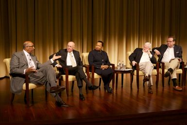 A Path to Equality: The Impact of the Civil Rights Acts of the 1960s; from left to right: Michael Steele, former Chairman of the Republican National Committee and Lieutenant Governor of Maryland; Jim Jones, former Chief of Staff to President Johnson, Congressman, and Ambassador to Mexico; Carol Moseley Braun, former Senator and Ambassador to New Zealand and Samoa; Charles Ferris, former Chairman of the FCC; and moderator Todd Purdum, writer at Politico