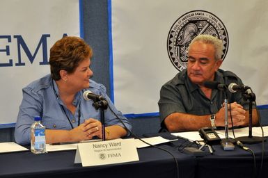 Earthquake ^ Flooding ^ Tsunami - Pago Pago, American Samoa, November 13, 2009 -- Nancy Ward, administrator of FEMA Region IX, and Governor Togiola Tulafono during a joint news conference they conducted. Ms. Ward praised the quick work of American Samoans in cleaning up the debris after the September 29th tsunami, while Gov. Tulafono thanked FEMA for its rapid response to the disaster. Richard O'Reilly/FEMA.
