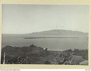 KARAWOP, AITAPE-WEWAK SECTOR, NEW GUINEA. 1945-04-29. PARIS ISLAND (LONG AND FLAT), AND KAIRIRU ISLAND, (HIGH AND MOUNTAINOUS) VIEWED BY A PATROL FROM A COMPANY, 2/1 INFANTRY BATTALION