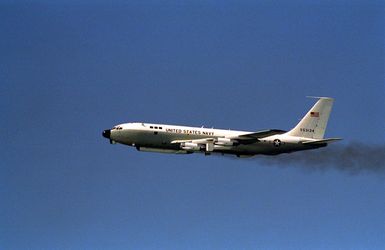A left side view of an NKC-135A Stratotanker aircraft following its departure from Hickam Field during exercise RimPac '90