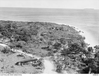 BALLALAE ISLAND, BOUGAINVILLE AREA. 1945-11-10. THE SOUTHERN END OF THE ISLAND VIEWED FROM THE JAPANESE CONTROL TOWER ON THE AIRSTRIP. IT IS BELIEVED THAT BETWEEN 300 AND 800 ALLIED PRISONERS OF ..