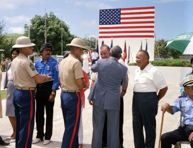 Governor Ricardo J. Bordallo of Guam and Colonel J. Karl Miller, center, with Sergeant Major Ables assisting, present the Asiatic-Pacific Campaign Medal and the World War II Victory Medal to one of the 34 recipients during a Veteran's Day memorial service at Skinner Plaza