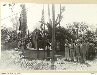 BOUGAINVILLE, 1944-11-21. MAJOR-GENERAL O. GRISWOLD, COMMANDING GENERAL, XIV CORPS, UNITED STATES ARMY (1) TAKING THE SALUTE FROM MEMBERS OF THE 7TH AUSTRALIAN INFANTRY BRIGADE. IDENTIFIED ..