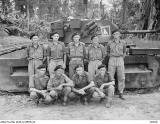 Group portrait of personnel of No. 8 Troop, B Squadron, 2/4th Armoured Regiment. Left to right, back row: SX23630 Trooper (Tpr) E W Whiteway of Clarence Park, SA; VX60225 Tpr C J Hosking of ..