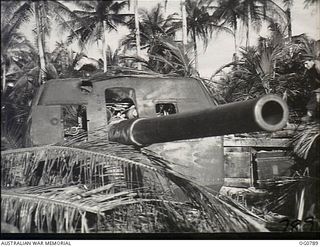 ADMIRALTY ISLANDS. 1944-03-18. AMONGST THE COCONUT PALM TREES LIEUTENANT ALAN MOORE (FAR RIGHT), AN OFFICIAL WAR ARTIST AT PRESENT WORKING WITH THE RAAF, INSPECTS A JAPANESE 6 INCH NAVAL GUN ..