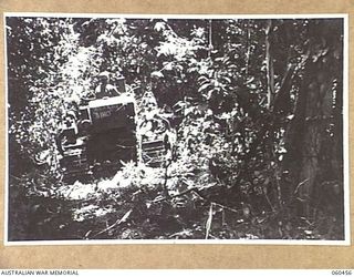 FINSCHHAFEN AREA, NEW GUINEA. 1943-11-09. A CATERPILLAR TRACTOR OF THE 870TH UNITED STATES ENGINEER AVIATION BATTALION CLEARING THE JUNGLE FOR A ROAD AT THE DREGER HARBOUR END OF THE NEW BOMBER ..