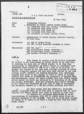 USS NEW ORLEANS - Report of Bombardment of Saipan Island, Marianas - 6/15/44