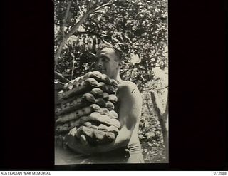 DUGUMUR BAY, NEW GUINEA. 1944-06-14. N210482 PRIVATE R. HOUGH, 4TH INFANTRY BATTALION, CARRYING BREAD ROLLS FRESHLY BAKED AT THE UNIT COOKHOUSE