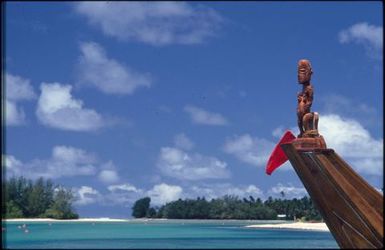 Bow of boat, blue sky and sea