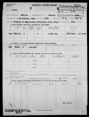 VMF-114 - ACA Form Rep #3-44 - Rep of Bombing & Strafing Unfinished Airfield on Gagil-Tomil Yap Is, Carolines, 10/26/44