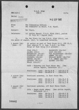 USS GUAM - War Diary, 8/1-31/45