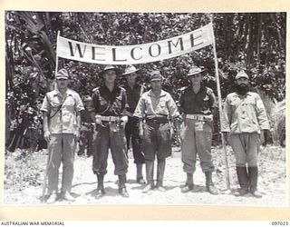 CAPTAIN W. DAVIES AND LIEUTENANT COLONEL W.A. RUSSELL, COMMANDING OFFICER 8 FIELD AMBULANCE, MEMBERS OF THE AUSTRALIAN SURRENDER PARTY FROM HEADQUARTERS 2 CORPS WITH MAJOR GENERAL K. KIJIMA AND ..