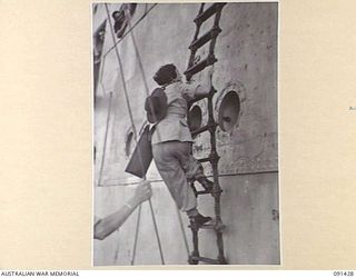 LAE, NEW GUINEA, 1945-05-07. LIEUTENANT-COLONEL M.J. SPENCER, ASSISTANT CONTROLLER AWAS CLIMBING THE JACOB'S LADDER UP THE SIDE OF THE MV DUNTROON WHICH BOUGHT A GROUP OF 342 AWAS FROM AUSTRALIA. ..